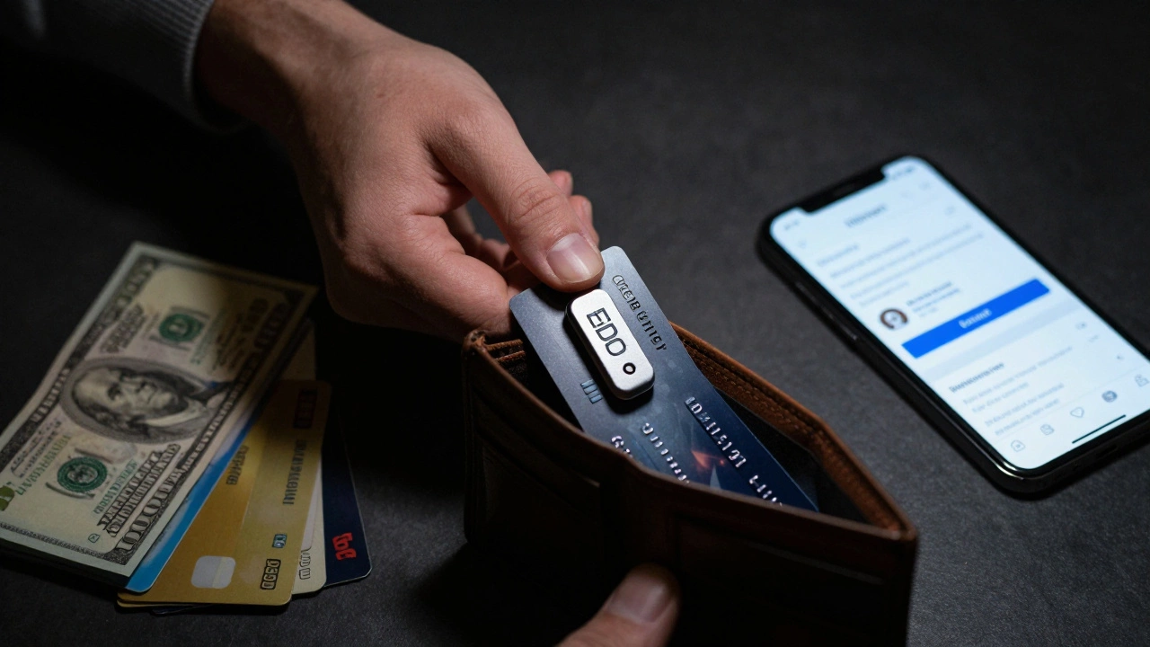 A hand pulling a security token from a wallet beside a phishing email on a phone.