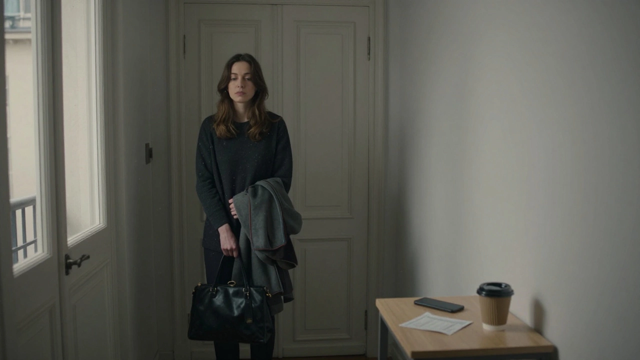 A woman standing in a modest Paris apartment hallway, holding her coat.