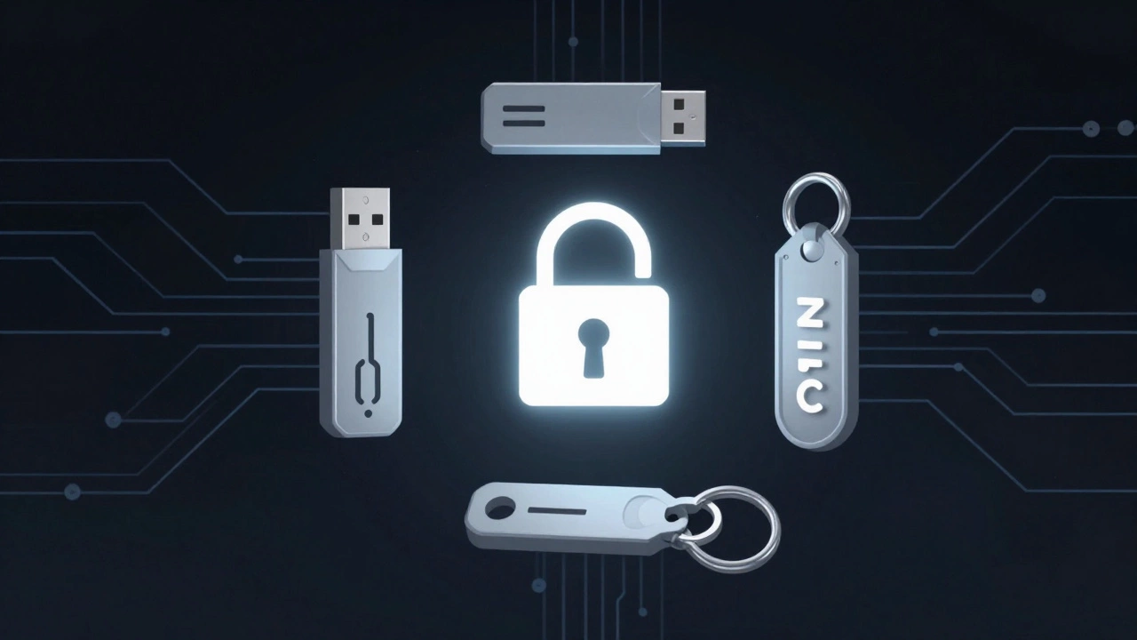 Three types of security tokens surrounding a glowing lock in a dark digital space.